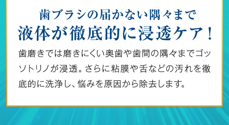 歯ブラシの届かない隅々まで液体が徹底的に浸透ケア！